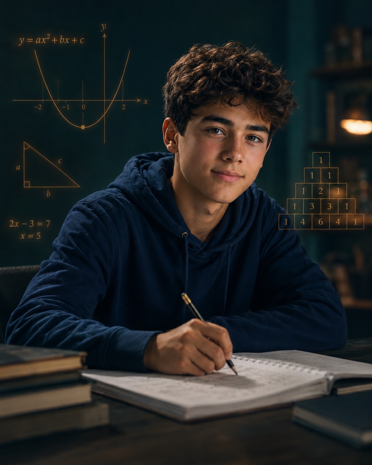 A focused secondary learner working through mathematics in a calm study setting