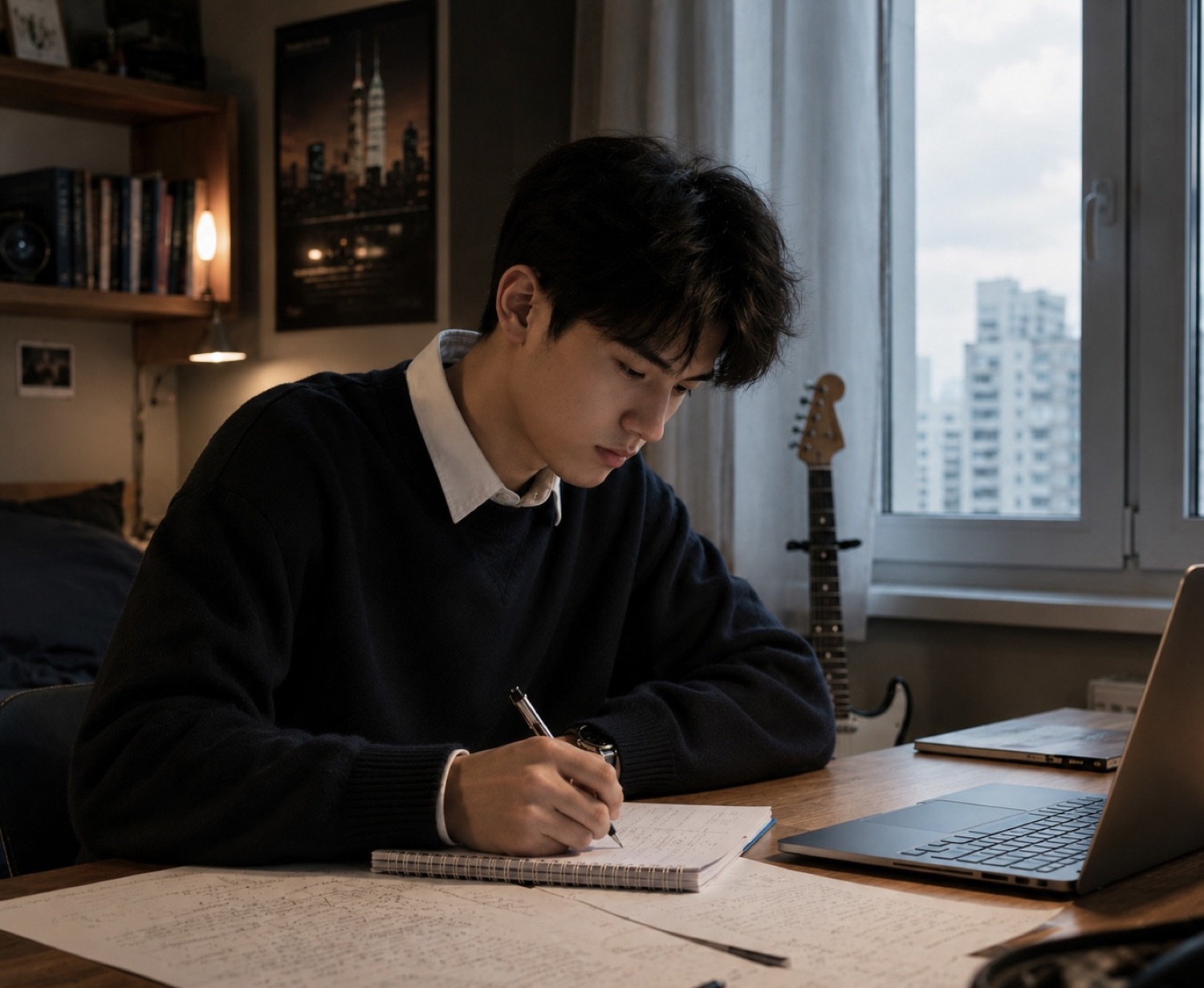 A learner studying independently in the evening at home